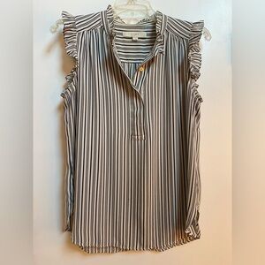 LOFT Gray Striped Ruffle Sleeveless Blouse